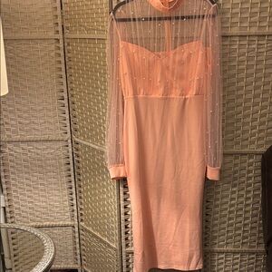 Pearl-Embellished Sheer-Sleeve Long Sleeve Midi Dress in Peach